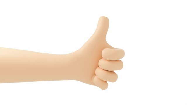 Human cartoon hand with finger showing thumb up isolated on white background full-hd video, 3d rendered animation