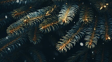 Naklejka na ściany i meble a close up image of pine christmas green branches, in the style of dark teal and light gold, sparklecore, soggy, festive atmosphere, depictions of inclement weather, tranquil gardenscapes, nanopunk.