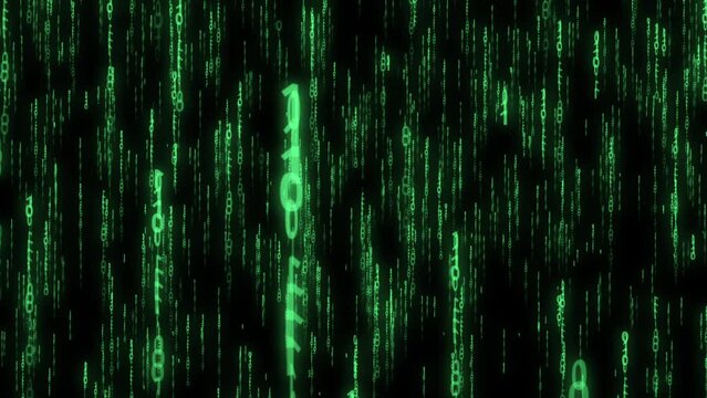 Green matrix animation with glowing light data. Futuristic code information tech with motion concept. Binary data with futuristic art technology.