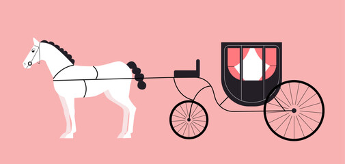 Carriage with white horse illustration. Horse-drawn wagon isolated on pink background. Stagecoach vector graphic. Cartoon vector flat illustration.  - obrazy, fototapety, plakaty