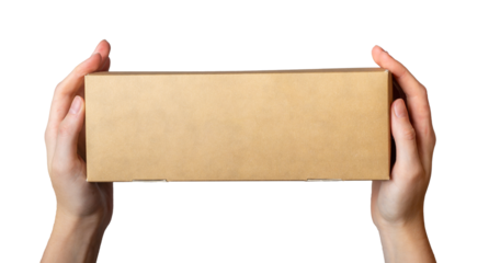 Kraft box in hand. Holding narrow rectangle-shaped cardboard isolated on white