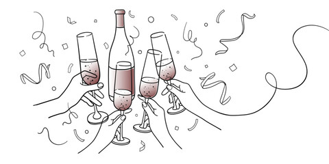 Continuous line red champagne cheers one line art, continuous drawing contour on white background. 4 Wine glasses with drinks. Cheers toast festive decoration for holidays. Vector illustration