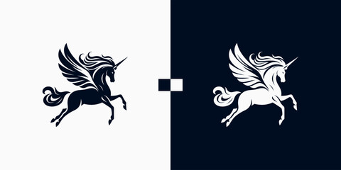 Fototapeta na wymiar Pegasus horse logo Pegasus Skyline vector design inspiration, Monochrome Emblem of Running Pegasus isolated on white, Vector image of a silhouette of a mythical creature of Pegasus