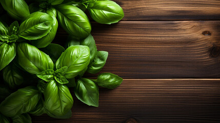 Fototapeta premium Close-Up of Vibrant Basil Leaves on Wooden Texture Showcasing Freshness and Greenery