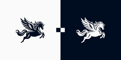Pegasus horse logo Pegasus Skyline vector design inspiration, Monochrome Emblem of Running Pegasus isolated on white, Vector image of a silhouette of a mythical creature of Pegasus - obrazy, fototapety, plakaty