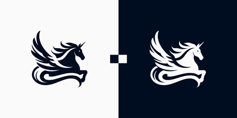 Pegasus horse logo Pegasus Skyline vector design inspiration, Monochrome Emblem of Running Pegasus isolated on white, Vector image of a silhouette of a mythical creature of Pegasus