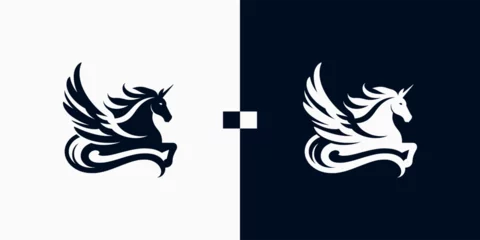 Foto op Canvas Pegasus horse logo Pegasus Skyline vector design inspiration, Monochrome Emblem of Running Pegasus isolated on white, Vector image of a silhouette of a mythical creature of Pegasus © padhani