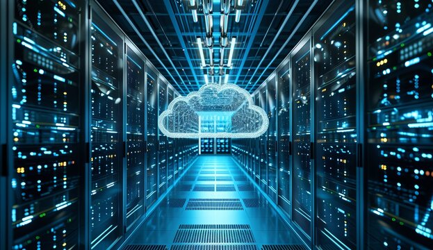 a cloud image in a data center, in the style of futuristic elements, digital mixed media, illuminated interiors, engineering/construction and design, sky-blue and black, transportcore, technology.