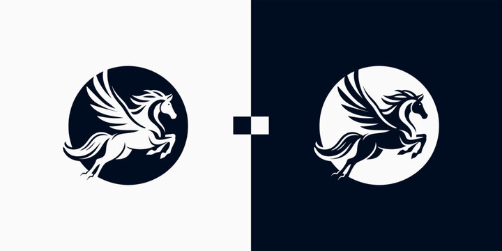 Pegasus horse logo Pegasus Skyline vector design inspiration, Monochrome Emblem of Running Pegasus isolated on white, Vector image of a silhouette of a mythical creature of Pegasus