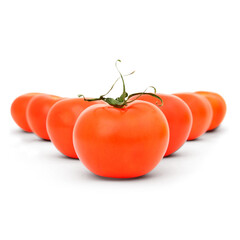 Tomatoes arranged in a triangular line, with transparent background and shade