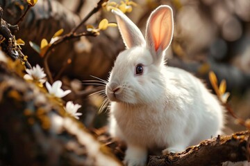 Cute white rabbit on a tree in the garden. Easter Bunny