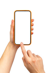 Mobile phone screen mockup, finger touching, tapping on smartphone isolated on white background