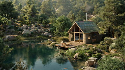 Obraz premium Small cabin with a solar roof on the lake's edge surrounded by pine trees rocks and lush vegetation reflecting on the still water surface