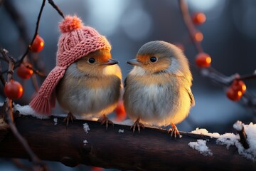 Winter poster or card. Two small cute birds sparrows in knitted hats on tree branch on blurred winter background. Hello winter. Winter character.