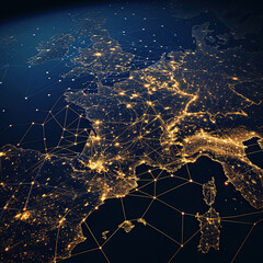 Vector illustration of France map at night, view of city lights on Earth from space, with interconnected nodes of light. 