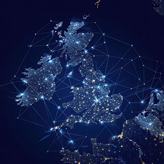 Vector illustration of United Kingdom map at night, view of city lights on Earth from space, with interconnected nodes of light. 