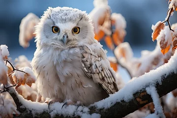 Zelfklevend Fotobehang Snowy owl in arctic forest. Arctic birds in natural habitat. © Irina Mikhailichenko