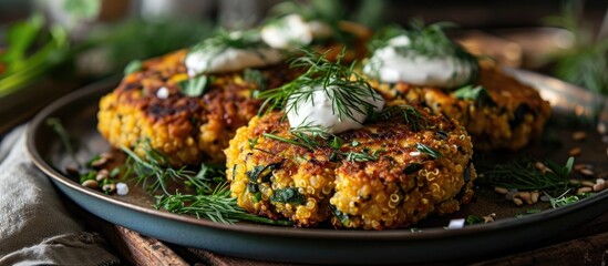 Vegan baked quinoa and zucchini fritters, garnished with fresh dill, micro herbs, and vegan sour cream, are ready to be served at the dinner scene.