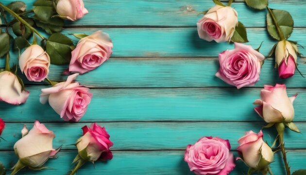 Elegant pink roses on turquoise wooden background