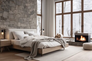 Cozy modern bedroom interior with stone fireplace and staged king bed