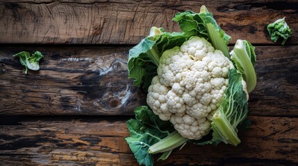 A cauliflower head is lying on a wooden table