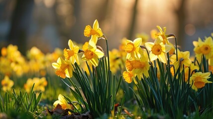 Obraz premium Yellow spring daffodils field background banner