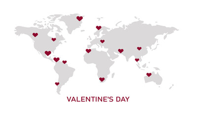 Naklejka premium World map with hearts for Valentine's Day. Vector illustration in flat style. Isolated on white background 