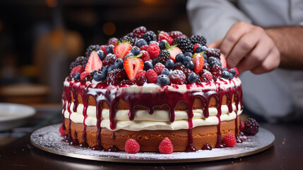 Art of Cake Decorating Captured with Fresh Berries and Creamy Toppings