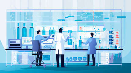 Obraz premium Medical professionals in a high-tech lab with biotech screens.