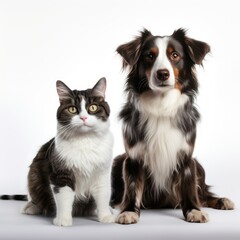 Fototapeta premium A black and white dog and a cat are sitting looking at the camera on a white background. Close-up. Portrait of pets.