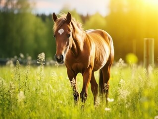 A brown horse in a field illuminated by the rays of the sun. A wild animal in nature in summer. Close-up.