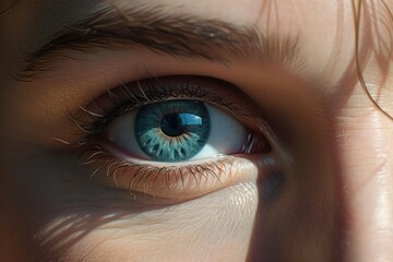 The blue eye of a young woman looking at the camera. Close-up.