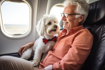 A smiling elderly man hugs a white lapdog, a dog sitting near the window of an airplane. The...