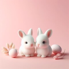Couple of cute fluffy white Easter bunny toys among colorful eggs on a pastel pink background. Minimal Easter holiday concept. Wide screen wallpaper. Web banner with copy space for design.