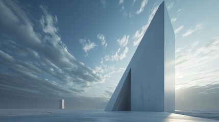 Surreal and minimalist towering structure with clean lines and sharp angles stands against a backdrop of a cloudless sky, creating a sense of isolation and otherworldliness