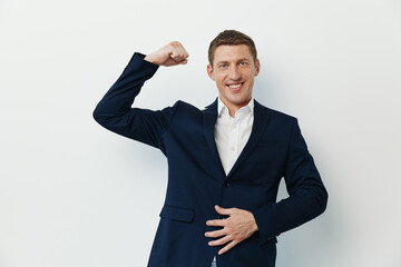 Man successful satisfied positive suit gesture confident look entrepreneur joyful shirt friendly formal