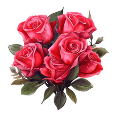 Bouquet of red roses with green leaves. AI generated image
