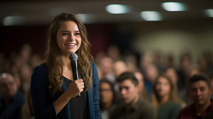 Young woman engaged in her first-time public speaking event, a candid coming of age moment filled with genuine emotion, graduation, event - obrazy, fototapety, plakaty