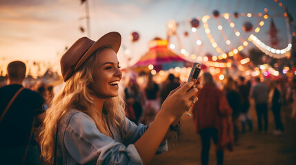 Young woman taking pictures from smartphone at music festival - obrazy, fototapety, plakaty