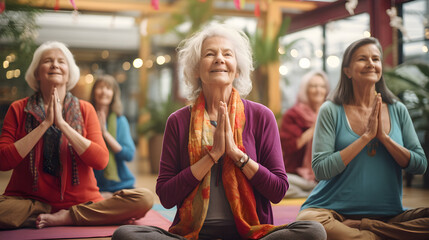 A candid, authentic glimpse of a group of elderly women engaged in a yoga class, embodying an active retirement lifestyle through mindfulness and wellness