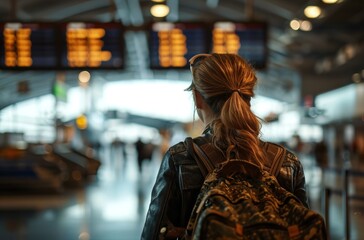 Fototapeta premium Woman with her back turned at the airport looking at the departure times of the planes