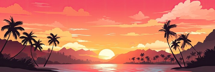 A tropical island sunset banner template, perfect for romantic getaways