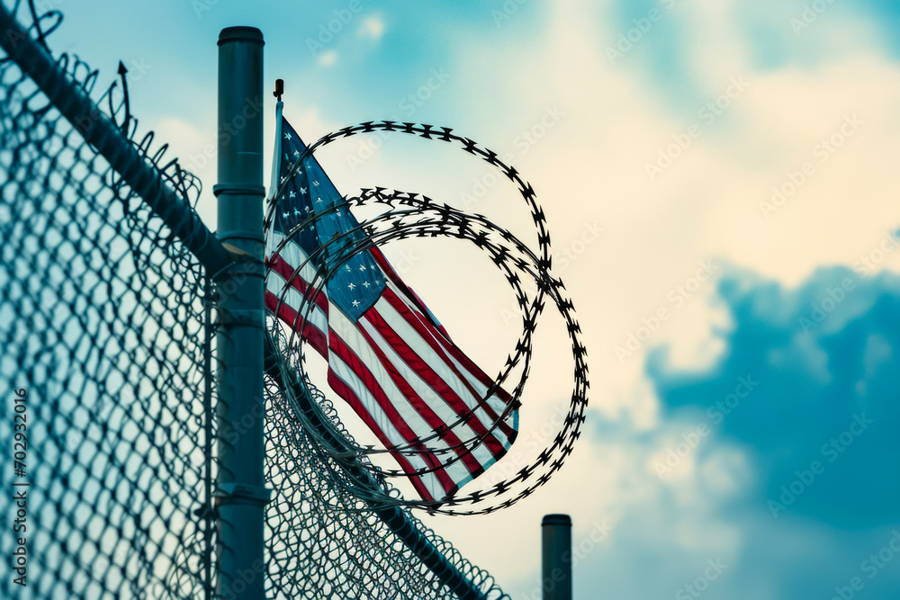 Poster us state border fence. background with selective focus and copy space
