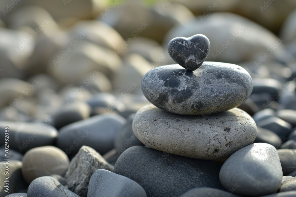 Poster a cairn with a heart-shaped stone on top. background with selective focus and copy space