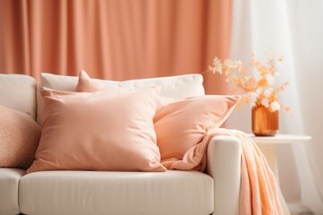 Pillow in trendy color Peach Fuzz. Background with selective focus and copy space - obrazy, fototapety, plakaty