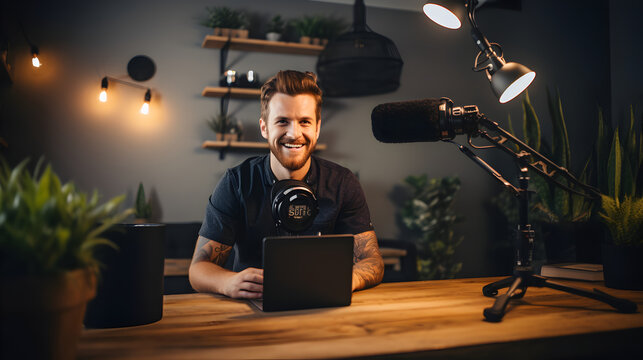 A Man Recording A Video Podcast Or YouTube Video. He's Speaking Into The Camera, Illustrating The Spontaneity And Authenticity Of Contemporary Digital Communication