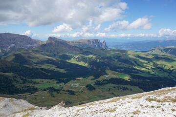 Fototapeta na wymiar Amazing dolomite view to iconic Schlern mountain near Seiser Alm Alpe di Siusi in South Tyrol, Italy