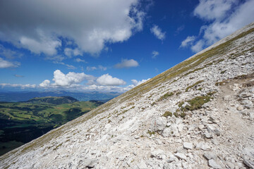 Steep mountain in the italian dolomites: view up the hill at Sassopiatto Plattkofel Peak in South Tyrol, Italy. Mountain near Gardena Valley, Ortisei