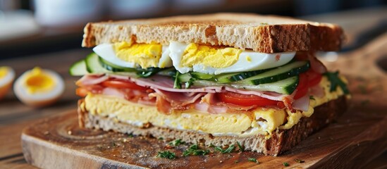 Cheese, cucumber, tomato, ham, and eggs on a club sandwich.