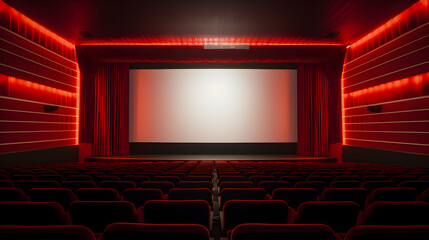 Empty cinema in blue color ambiance with white blank screen. Mockup of movie theater or hall, no people and auditorium